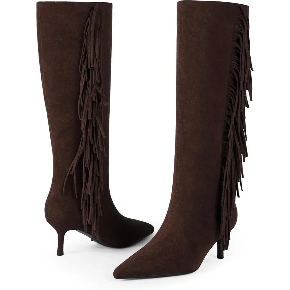Women Suede Brown Knee High Boots Kitten Heels Tall Pointed Toe Long Boots